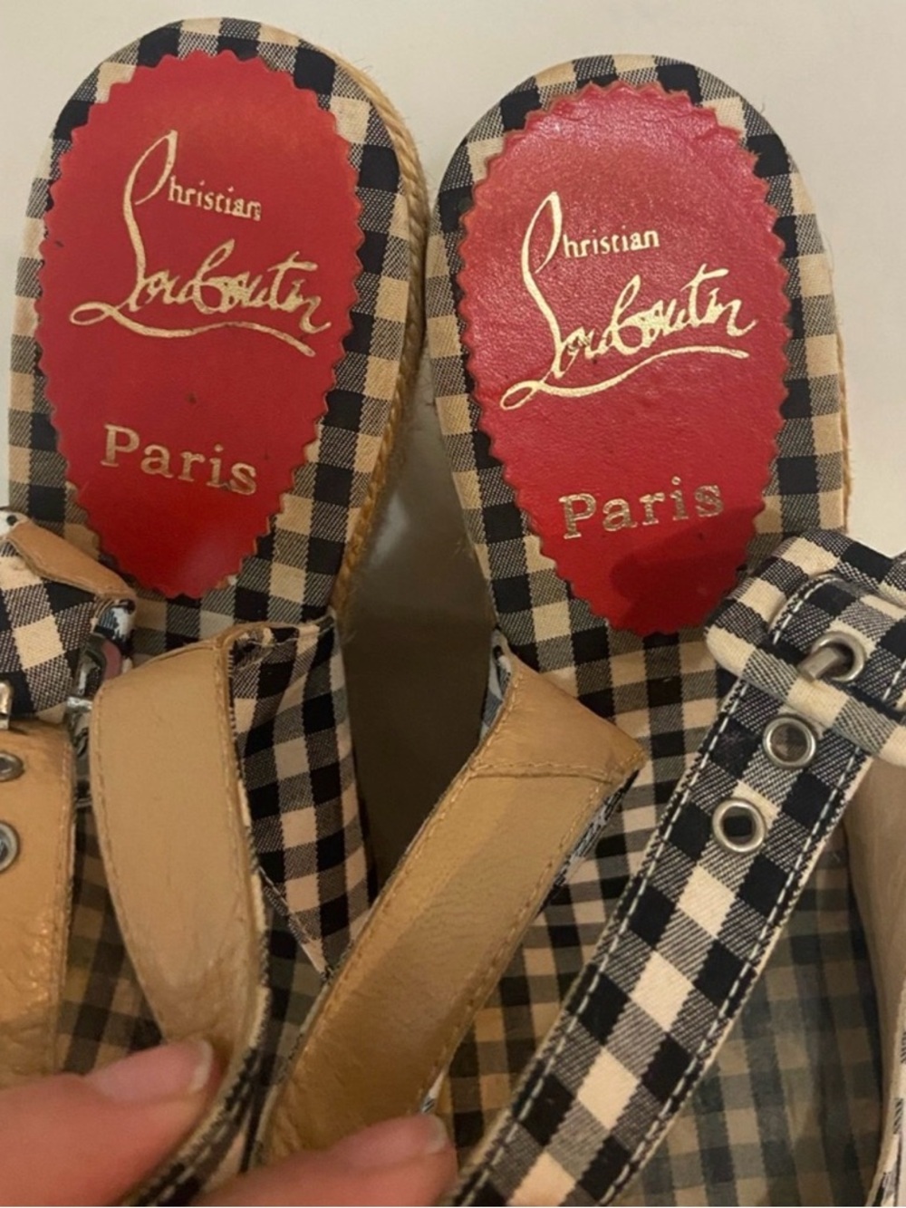 Christian Louboutin Black and White Gingham Espadrille Wedge Slingback - Picture 3 of 4
